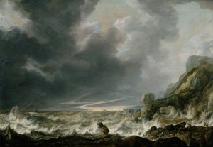 岩だらけの海岸沖の遭難船 作： Simon de Vlieger